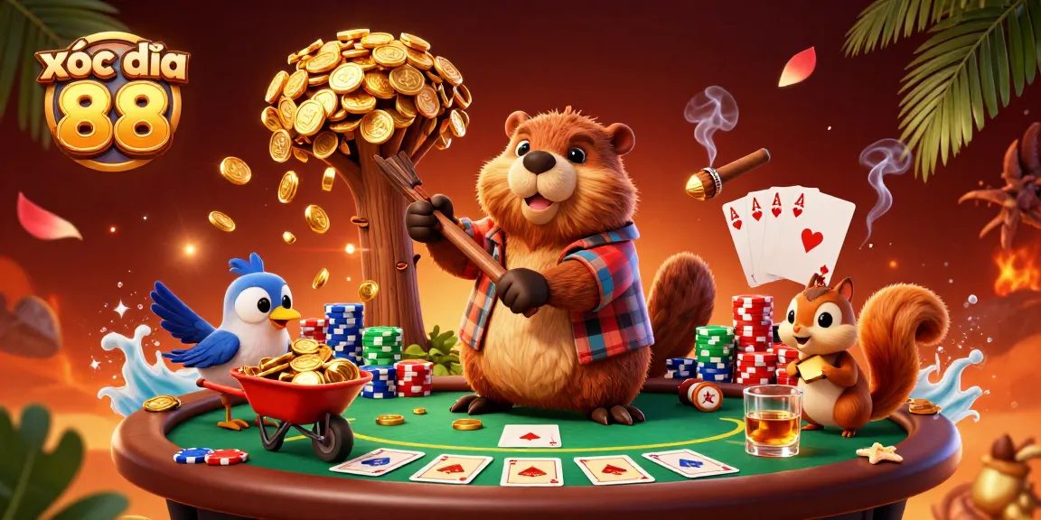 xóc đĩa 88 action scene with a beaver, bird, and squirrel collecting coins and poker elements