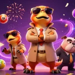 F8BET raptors in a trench coat charmingly try to enter a VIP casino, surrounded by colorful lottery elements, showcasing a vibrant gaming atmosphere.