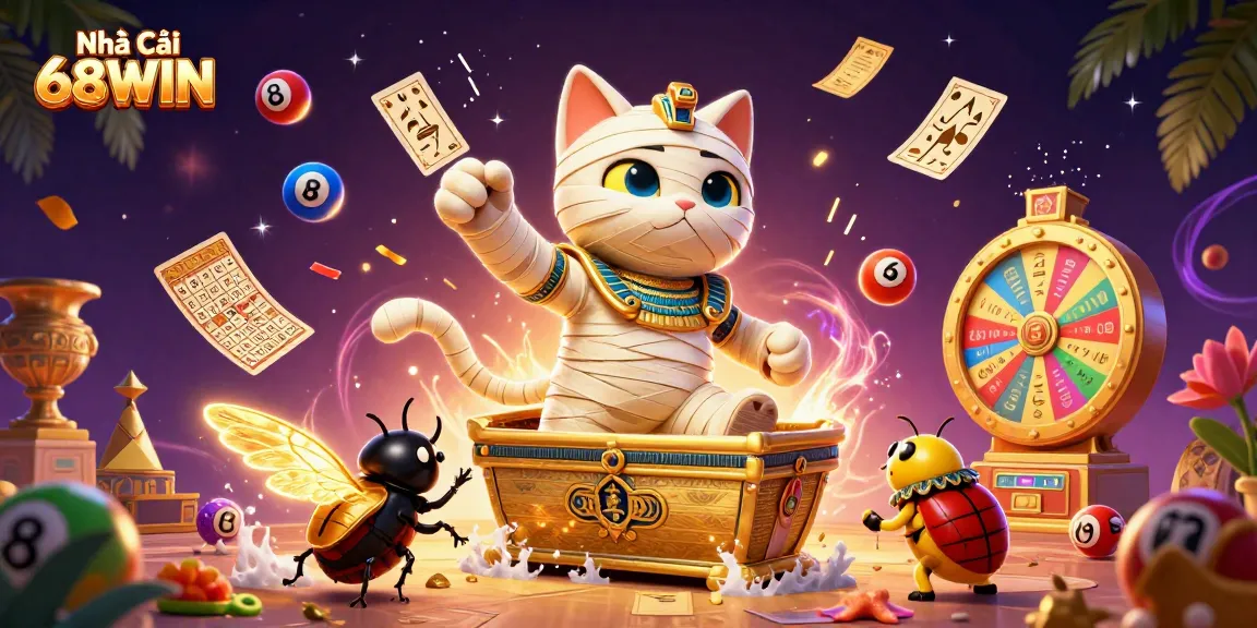 Experience the excitement of Nhà Cái 68WIN with the Egyptian mummy cat bursting with fun and games.