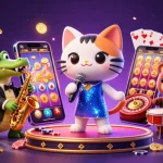 Nohu slots come alive with a jazz-singing cat and lively game elements in a vibrant casino scene.