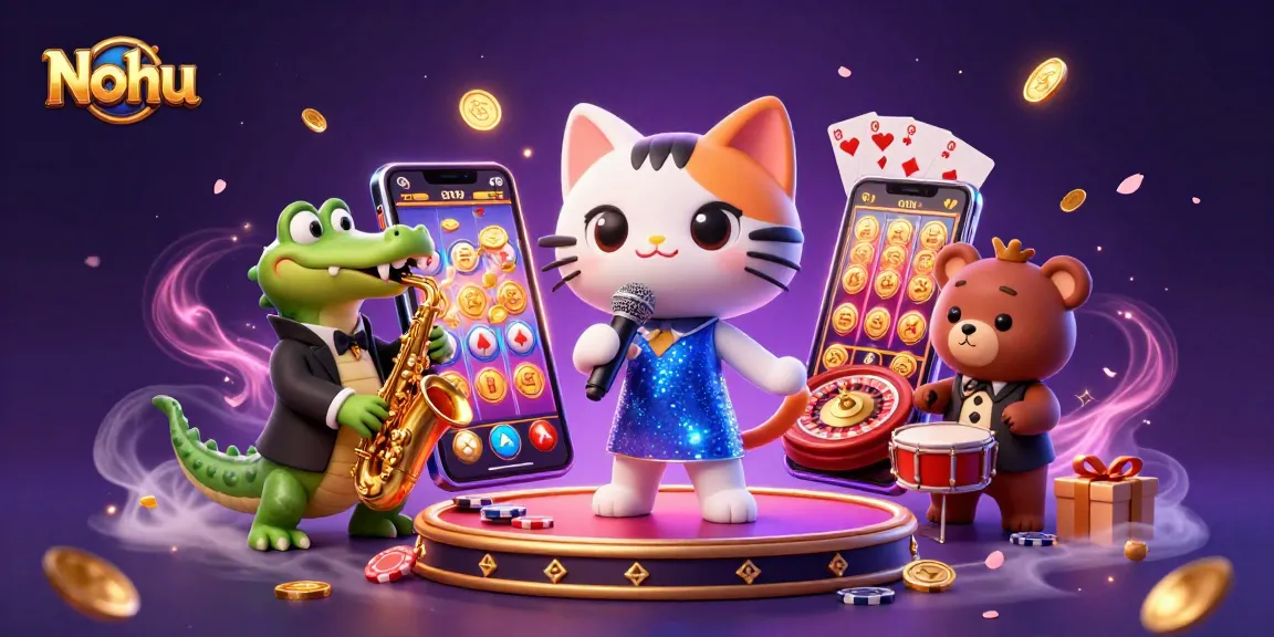 Nohu slots come alive with a jazz-singing cat and lively game elements in a vibrant casino scene.