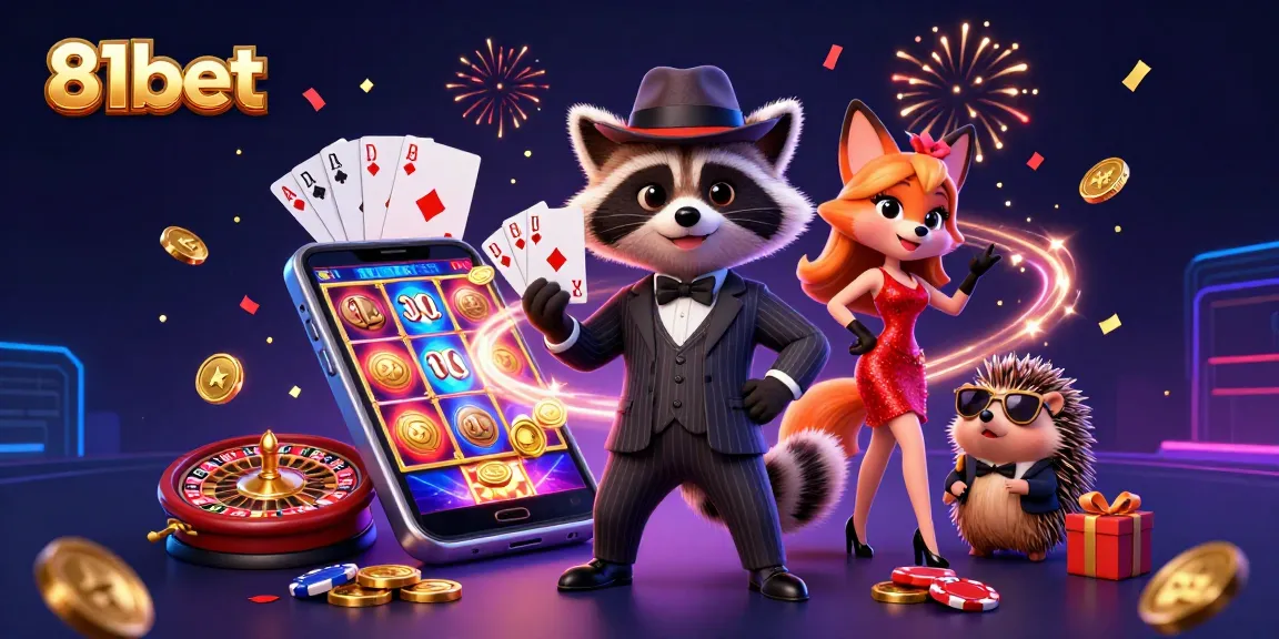 Engage with 81bet's thrilling casino scene featuring vibrant characters, games, and celebrations.