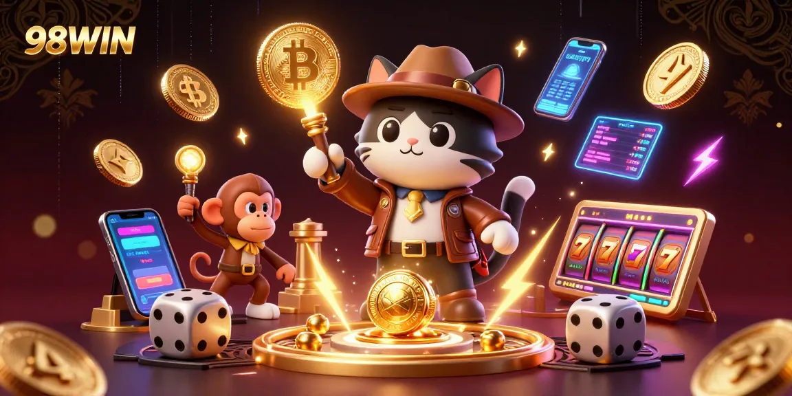 Engage with 98WIN as a cat archaeologist uncovers treasures in a vibrant casino-themed scene.
