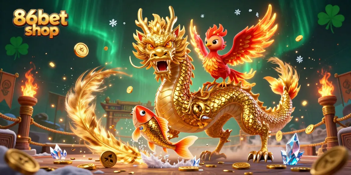 Experience the thrill of 86bet shop with a vibrant 3D casino illustration featuring dragons, phoenixes, and coins.