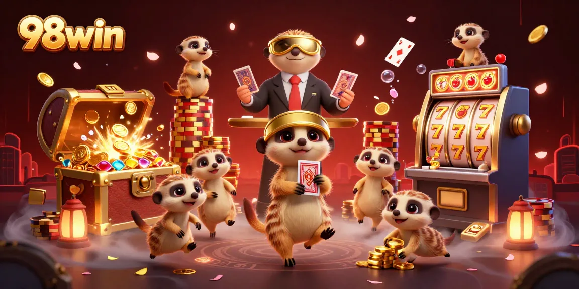Win big at the casino with 98win's vibrant meerkat gaming illustration.