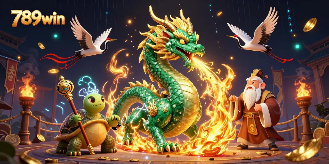Experience the excitement of 789win as a jade dragon unleashes fire amid a lively casino scene.
