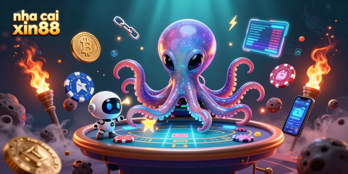 Win big with nha cai xin88 by playing on a floating holographic poker table in a cosmic setting.