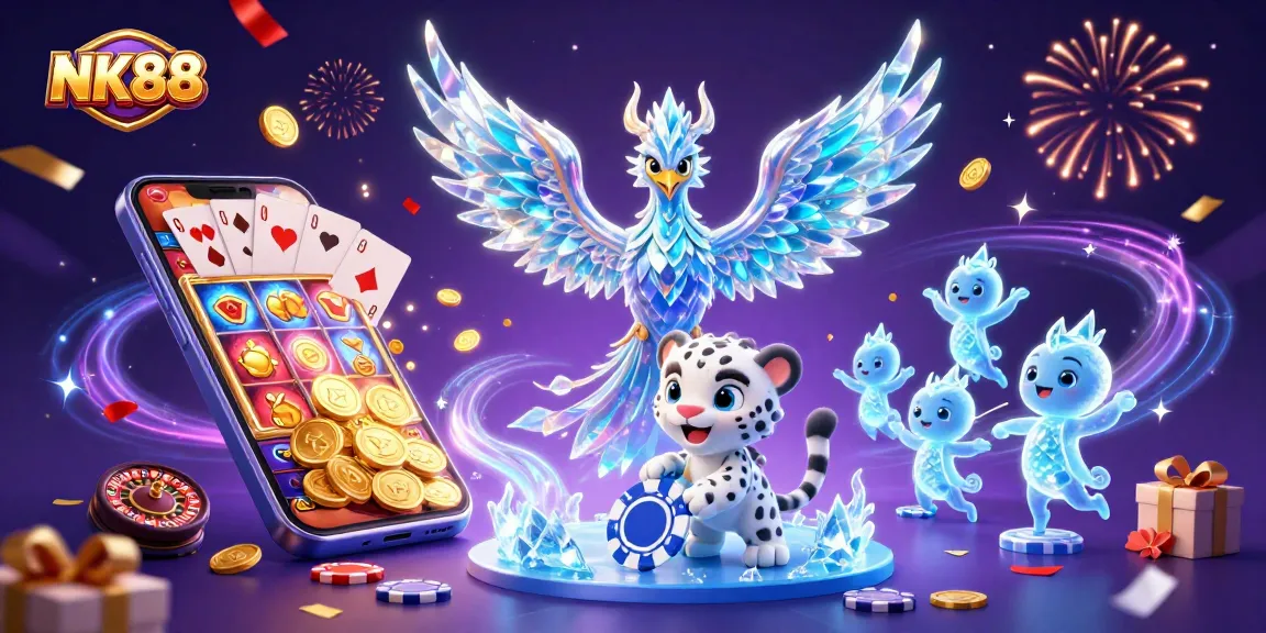 Engage in thrilling gameplay with NK88, featuring vibrant slot games, an ice phoenix, and enchanting sprites.