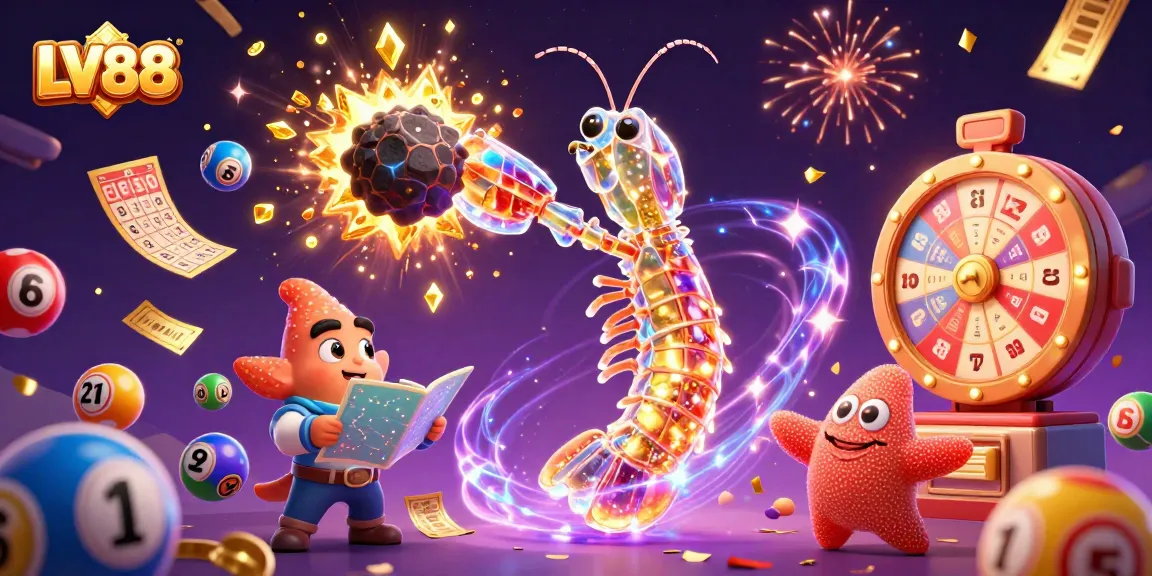Players immerse in the thrilling LV88 casino experience amidst golden gems and vibrant lottery elements.