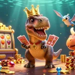 MM88 showcases a vibrant 3D scene where a T-Rex shuffles cards and a triceratops stacks chips, emphasizing energetic casino fun.