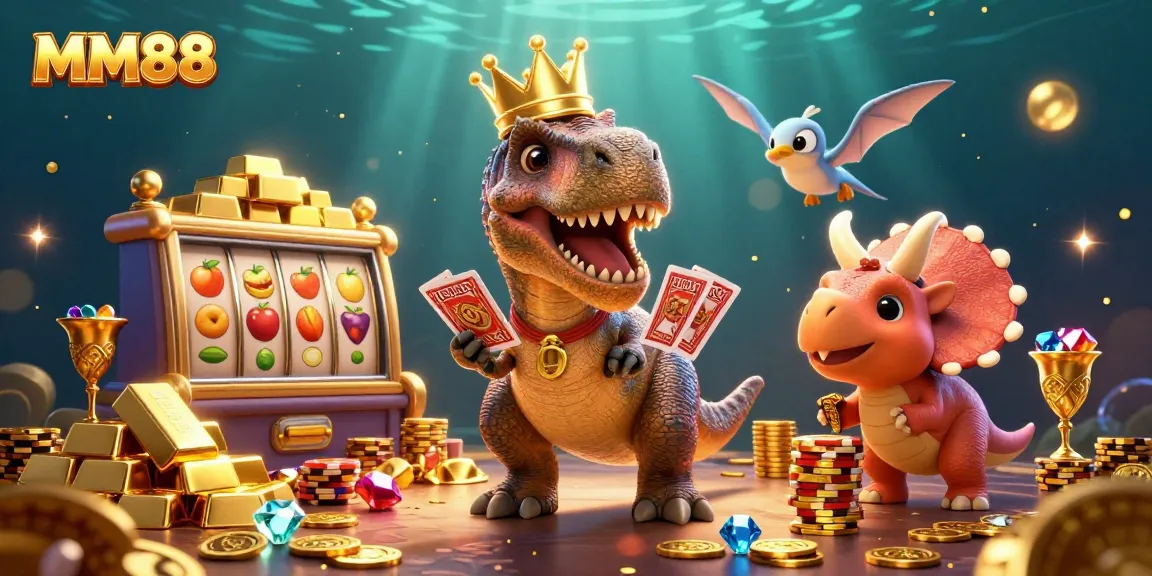 MM88 showcases a vibrant 3D scene where a T-Rex shuffles cards and a triceratops stacks chips, emphasizing energetic casino fun.