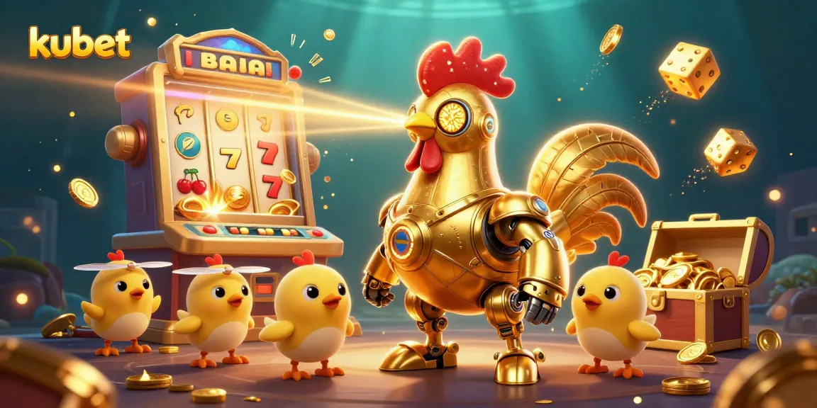 Kubet features a dynamic jackpot celebration with a golden rooster robot and flying coins.