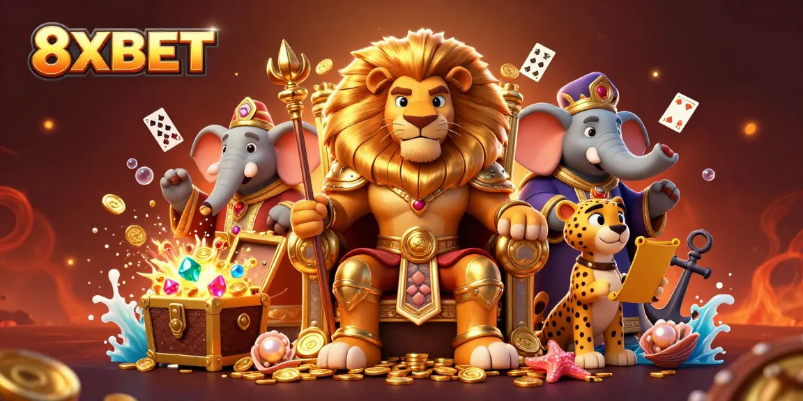 Experience the thrill of gaming at 8XBET with dynamic characters surrounded by treasure and casino elements.