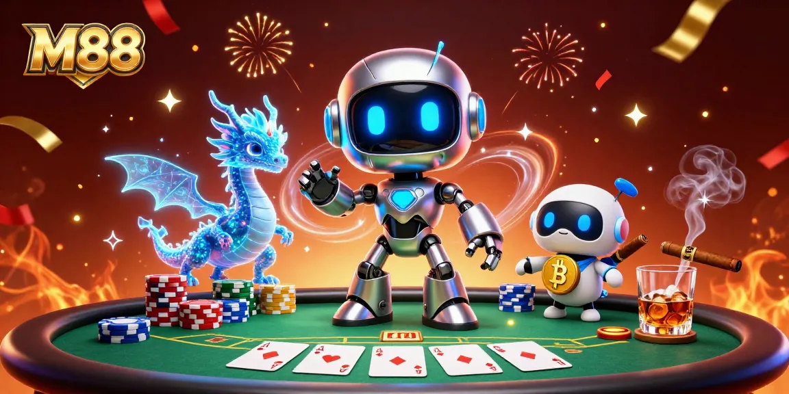 M88 features a vibrant casino scene with a cyberpunk robot, holographic dragon, and bitcoin drone amidst dynamic poker elements.