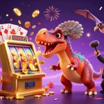 Watch AO88's pachycephalosaurus win jackpots at the slot machine amidst a vibrant casino scene.