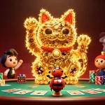 Engage with Nhà cái 33WIN in a vibrant casino atmosphere with poker elements and a lucky cat.