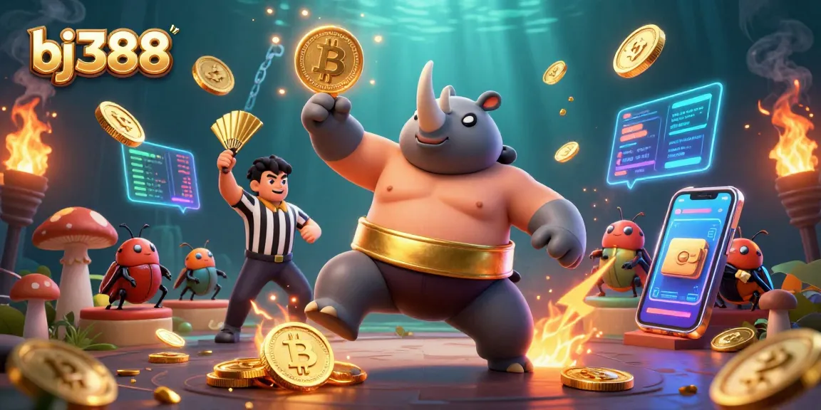 Experience the thrill of bj388 with cartoon beetles celebrating in a golden coin-filled arena, perfect for online betting!