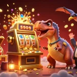 123B casino scene showcasing a pachycephalosaurus winning jackpots from a slot machine, surrounded by vibrant game elements.