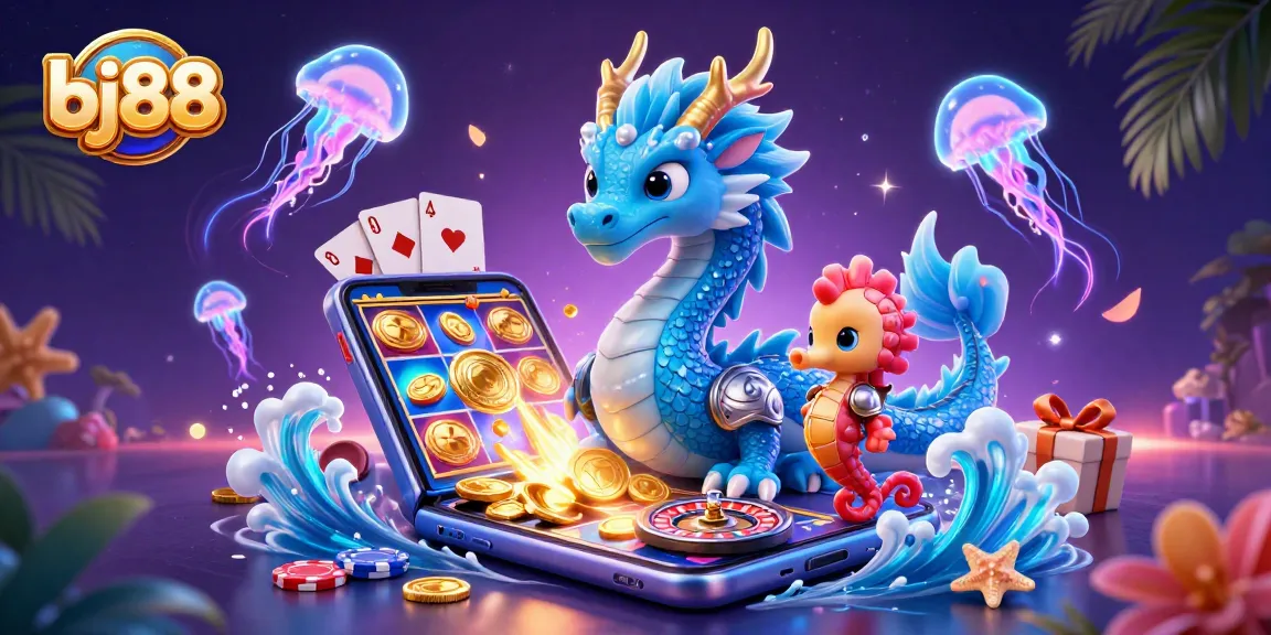 Experience an exciting slot game with bj88 featuring a vibrant dragon, seahorse knight, and dynamic casino elements.