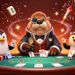 Situs Poker Uang Asli Dewapoker showcases a lively poker game scene with engaging characters and festive decorations.