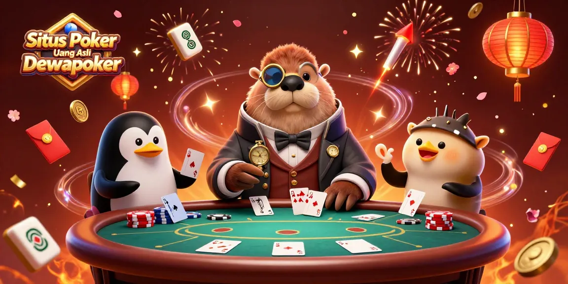 Situs Poker Uang Asli Dewapoker showcases a lively poker game scene with engaging characters and festive decorations.