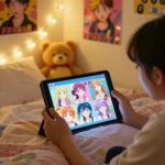 Couple interacting with ecchi games online on a tablet in a cozy bedroom setting.