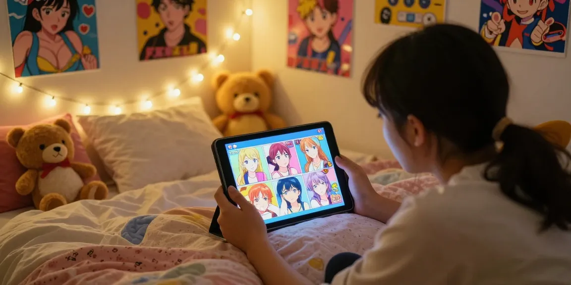 Couple interacting with ecchi games online on a tablet in a cozy bedroom setting.