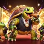 Aq999 elevates the casino experience with vibrant lights and winning moments illustrated by a unique turtle character.