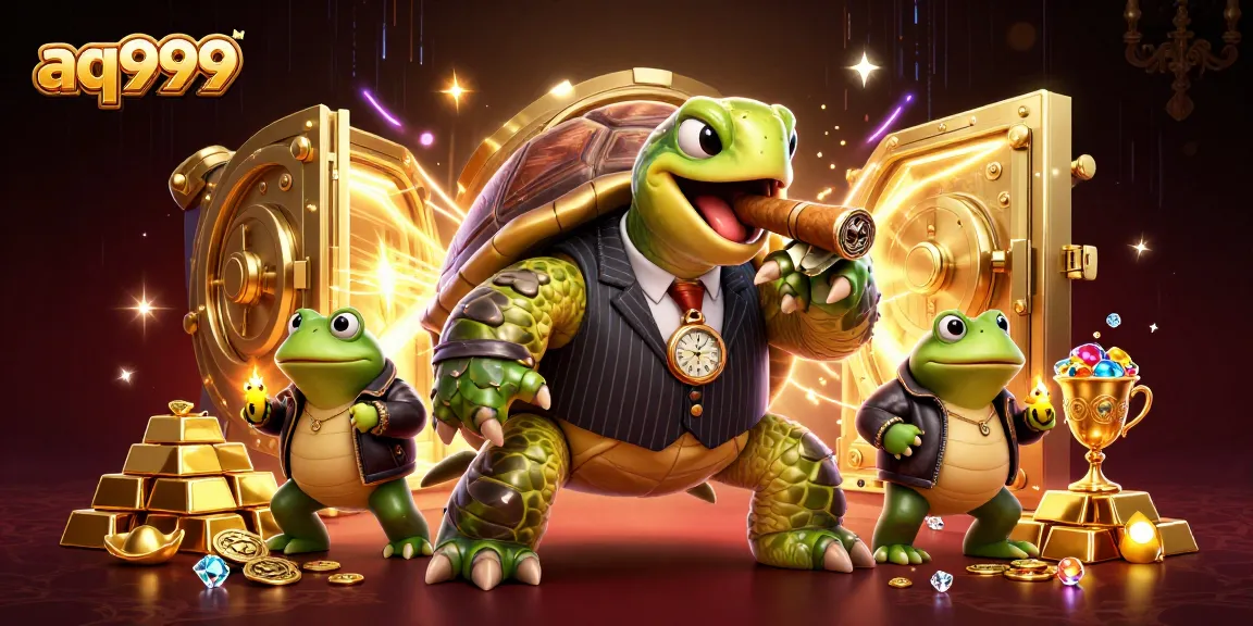 Aq999 elevates the casino experience with vibrant lights and winning moments illustrated by a unique turtle character.