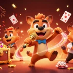 Kuwin casino scene depicting hyenas engaged in lively entertainment, surrounded by colorful gaming elements.