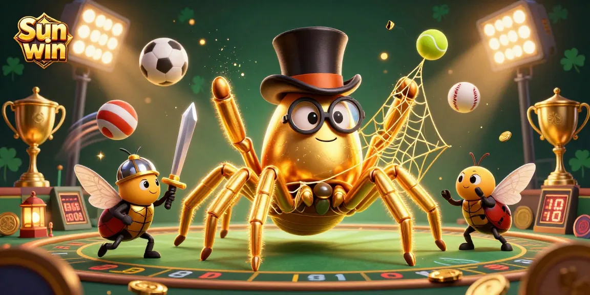 Engage in thrilling games with Sun win, featuring a dynamic golden tarantula and beetle knight amidst casino excitement.