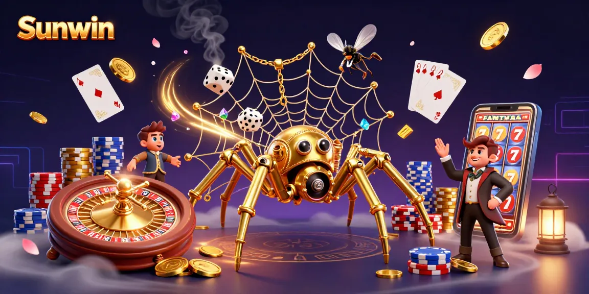 Experience thrilling gambling at Sunwin with a unique 3D casino scene featuring a golden spider and dice.