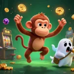 c168 energizes gameplay with a poltergeist monkey juggles golden casino treasures around a haunted slot scene.