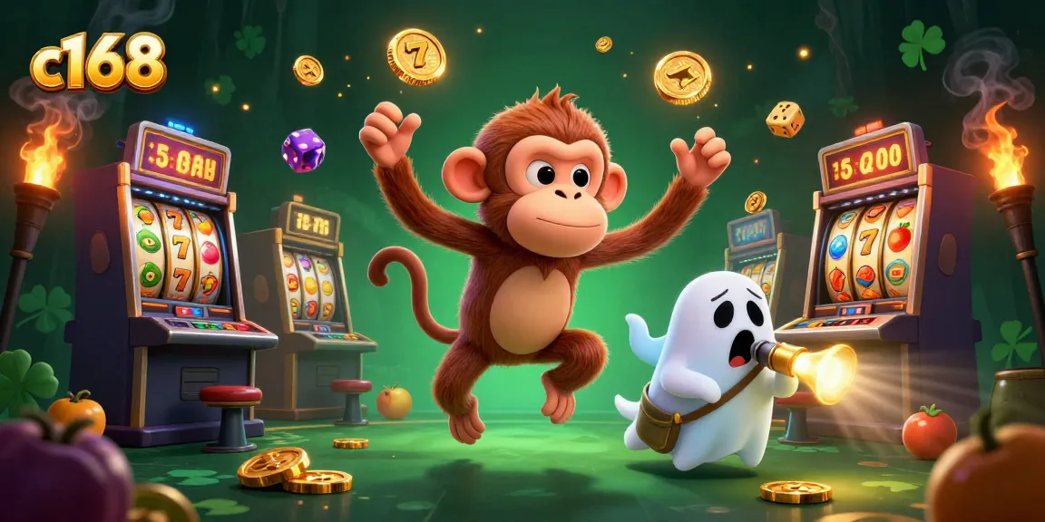 c168 energizes gameplay with a poltergeist monkey juggles golden casino treasures around a haunted slot scene.