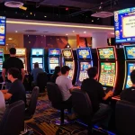 Players enjoying online slot games in a vibrant virtual casino environment full of excitement and animation