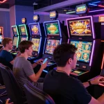 Situs slot deposit 10 ribu players engaging with colorful slot machines in vibrant gaming room.
