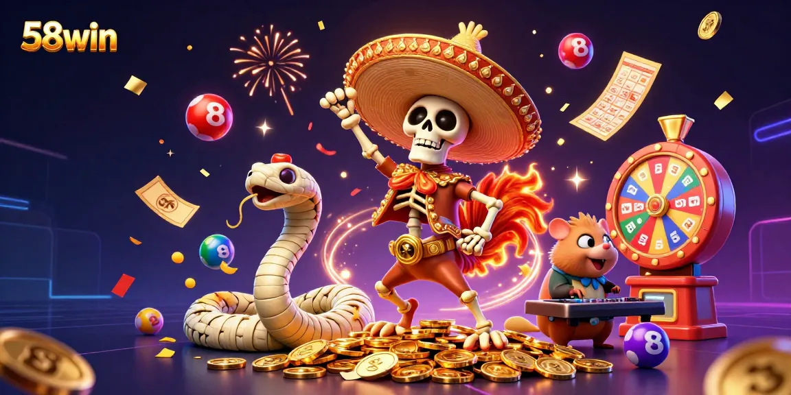 Experience the excitement of 58win with vibrant casino characters celebrating amidst golden coins and games.