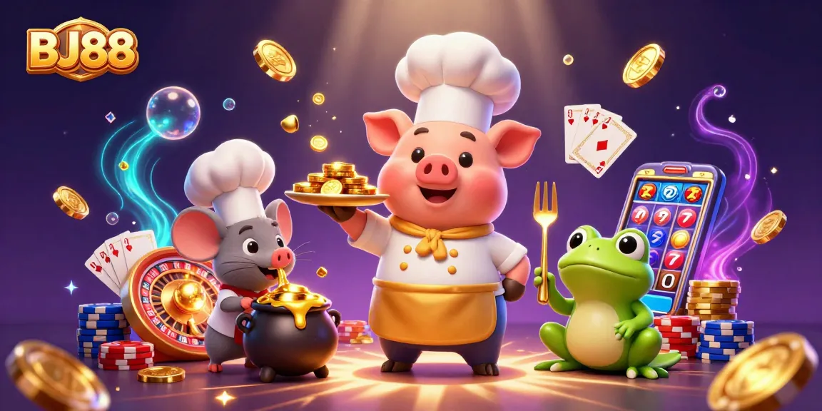 BJ88 showcases exciting casino action with characters showcasing gold coins, roulette, and cards.