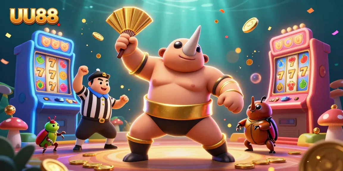 Engage in thrilling slot games at UU88 with a vibrant casino scene featuring a sumo beetle champion.