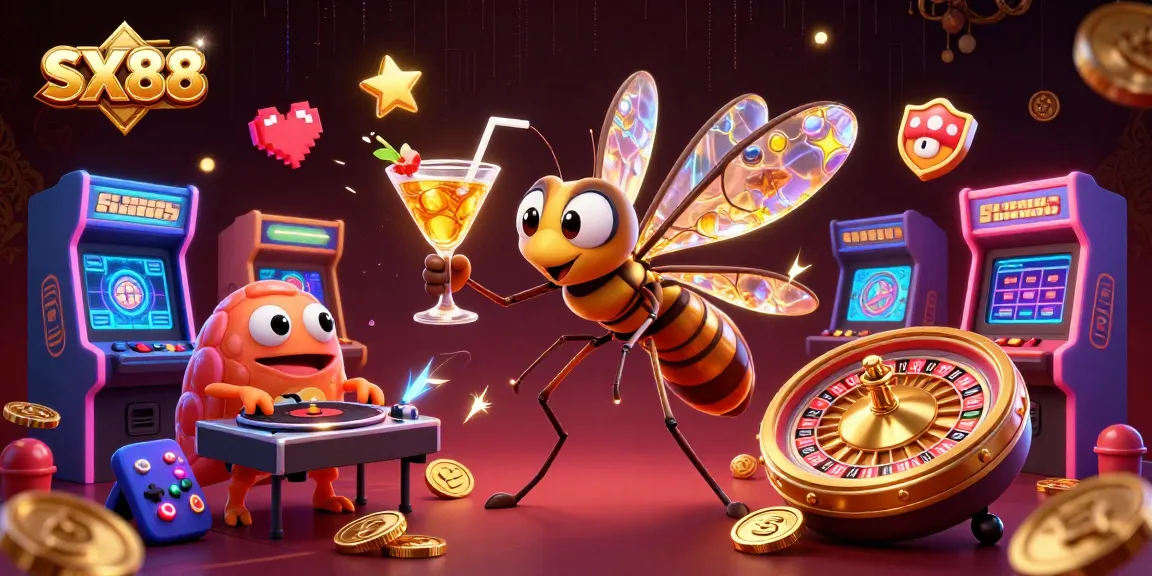 SX88 showcases the vibrant casino atmosphere with a unique 3D frozen mosquito mascot and thrilling game elements.