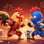 Experience thrilling 58win action with dynamic roosters and casino elements in this vibrant illustration.