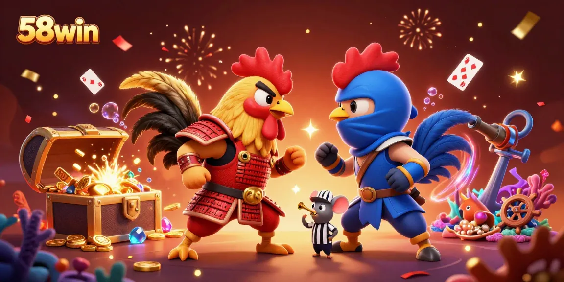 Experience thrilling 58win action with dynamic roosters and casino elements in this vibrant illustration.