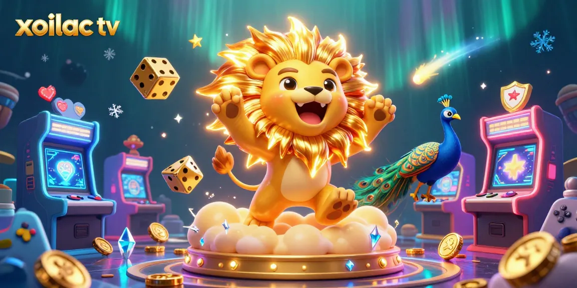 Watch exciting game moments with xoilac tv's vibrant 3D casino illustration showing rolling dice and gaming action.