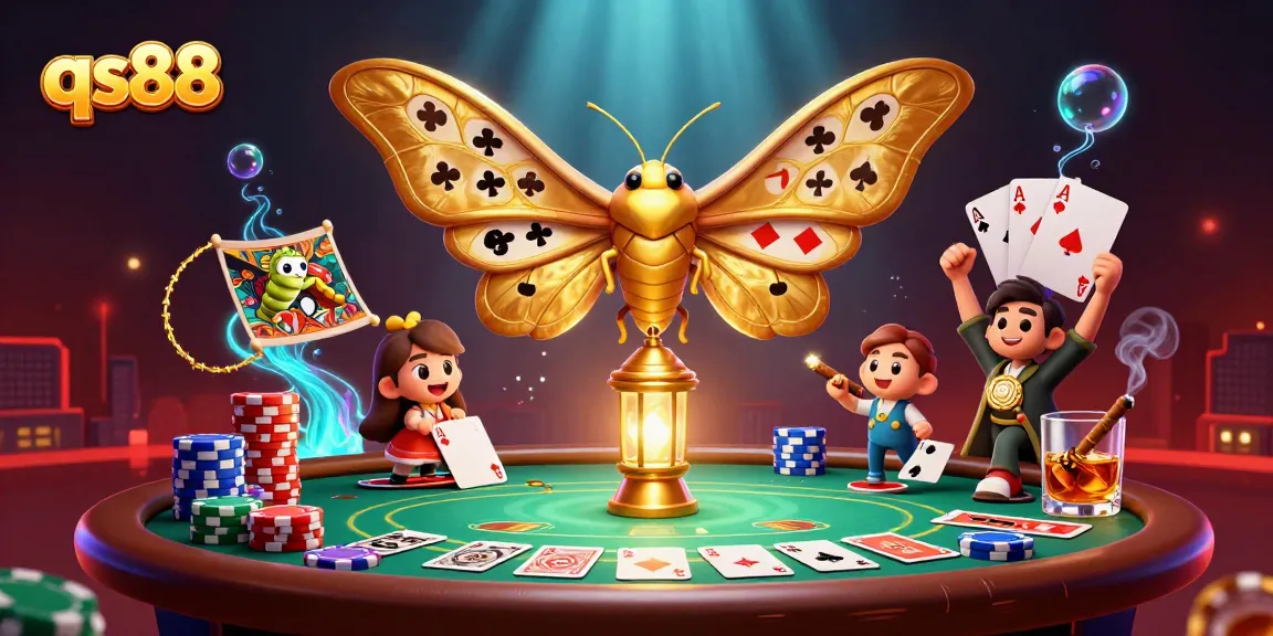 Experience thrilling gameplay at qs88 with vibrant 3D cartoon illustration of casino elements and golden moth character