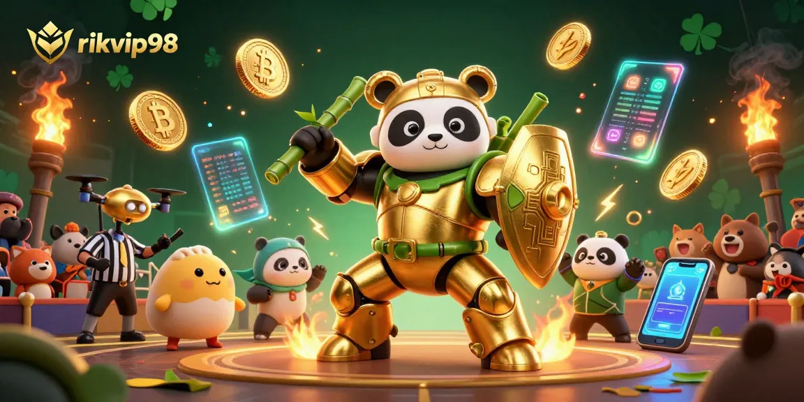 Engage in exciting gameplay at rikvip98 with a dynamic 3D casino scene featuring unique characters and crypto elements.
