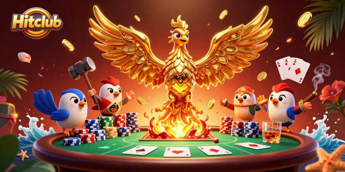 Experience thrilling games at Hitclub with our dynamic poker scene showcasing molten gold and vibrant elements.