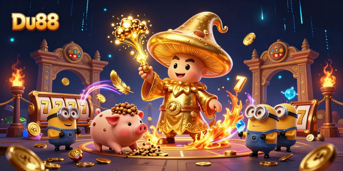 Engage in exciting gameplay at Du88 featuring a golden wizard, treasure, and dynamic slot elements.