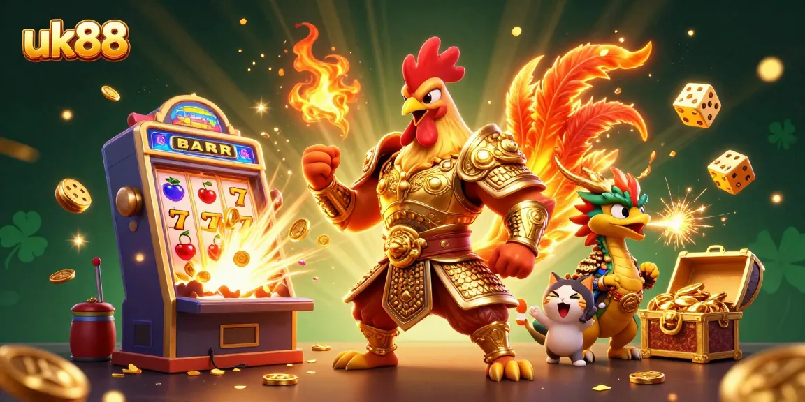 Engage with uk88's thrilling casino action featuring a triumphant rooster warrior amid slot machine winnings.