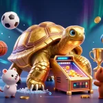 Debet offers thrilling gaming with a colossal tortoise pinball machine, surrounded by sports betting excitement.