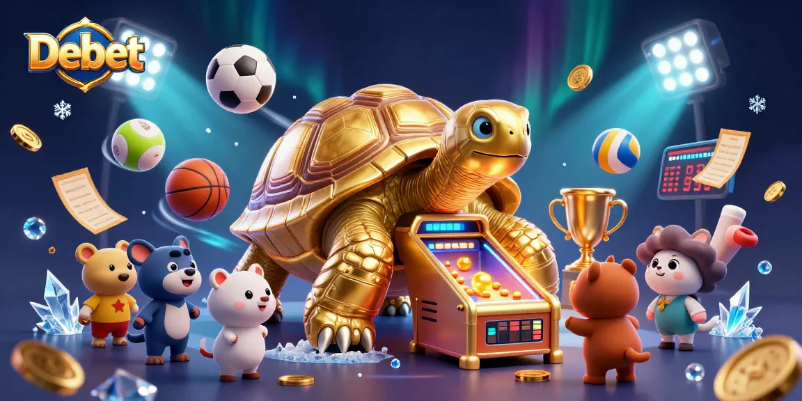 Debet offers thrilling gaming with a colossal tortoise pinball machine, surrounded by sports betting excitement.